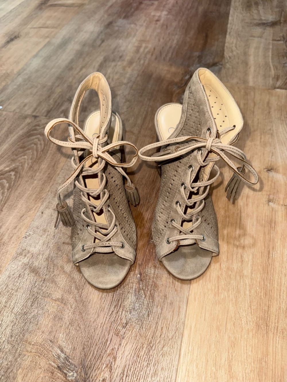 Jessica Simpson Lace-Up Open-Toe Women’s Heels in Taupe